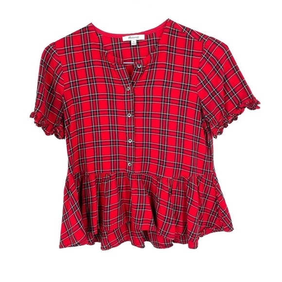 MADEWELL Studio Ruffle-Hem Top in Clanton Plaid Tartan Button Peplum Blouse - Picture 3 of 8